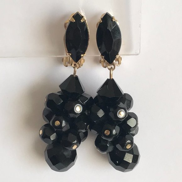 Vintage Lewis Segal California Black Faceted Bead Clip On Earrings Gold Tone - Picture 6 of 11